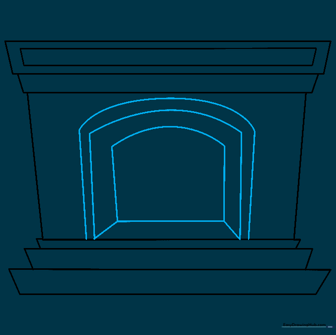Sketching the interior firebox opening with curved lines inside the fireplace frame.