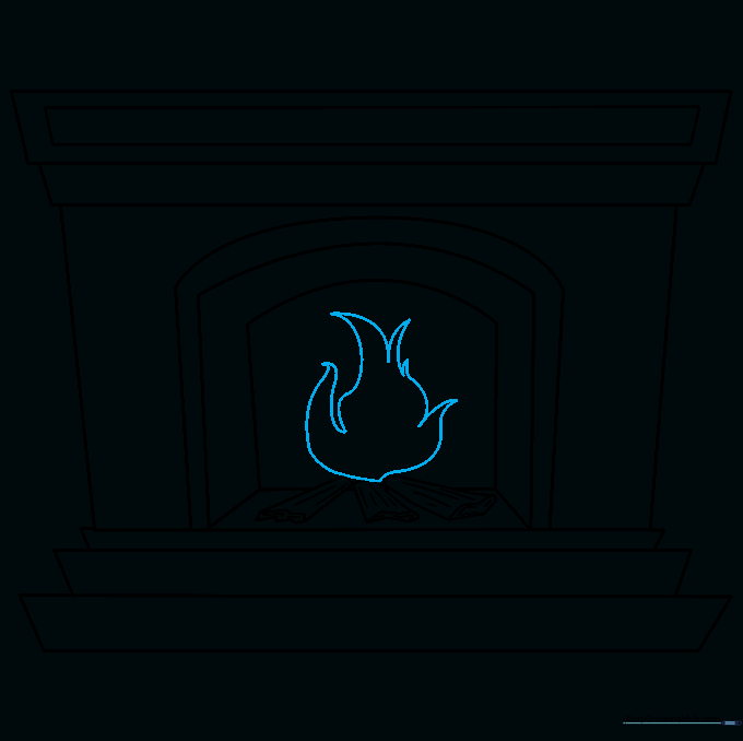 Sketching pointed flame shapes rising from the logs inside the fireplace.