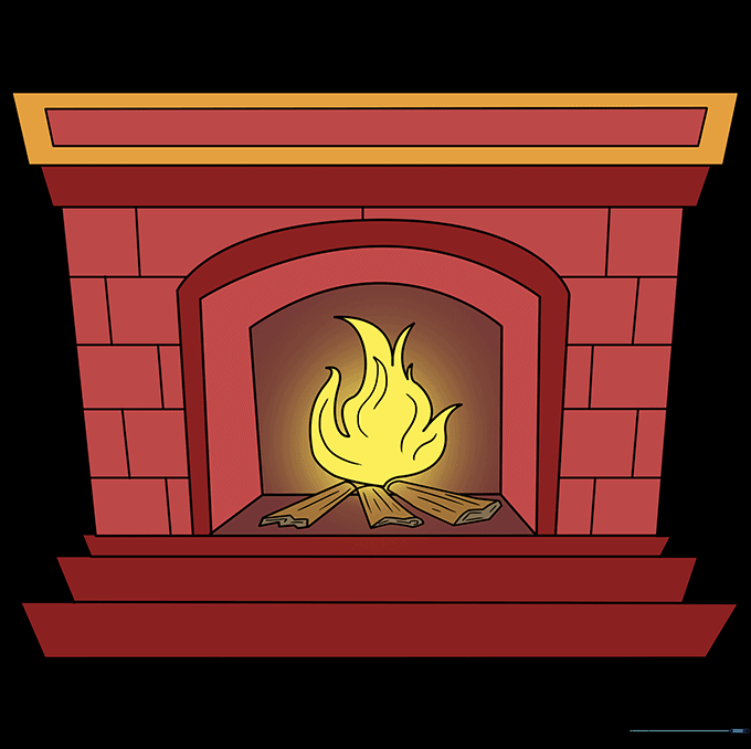 A fully colored, finished cartoon fireplace drawing with red bricks and bright flames.