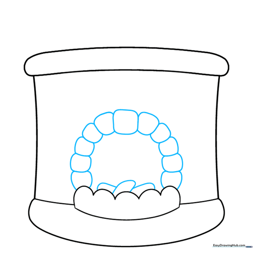 Drawing the interior firebox with logs using rounded square shapes.
