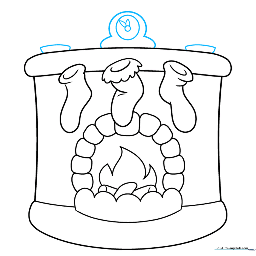 Drawing a clock and candle bases on the fireplace mantle.