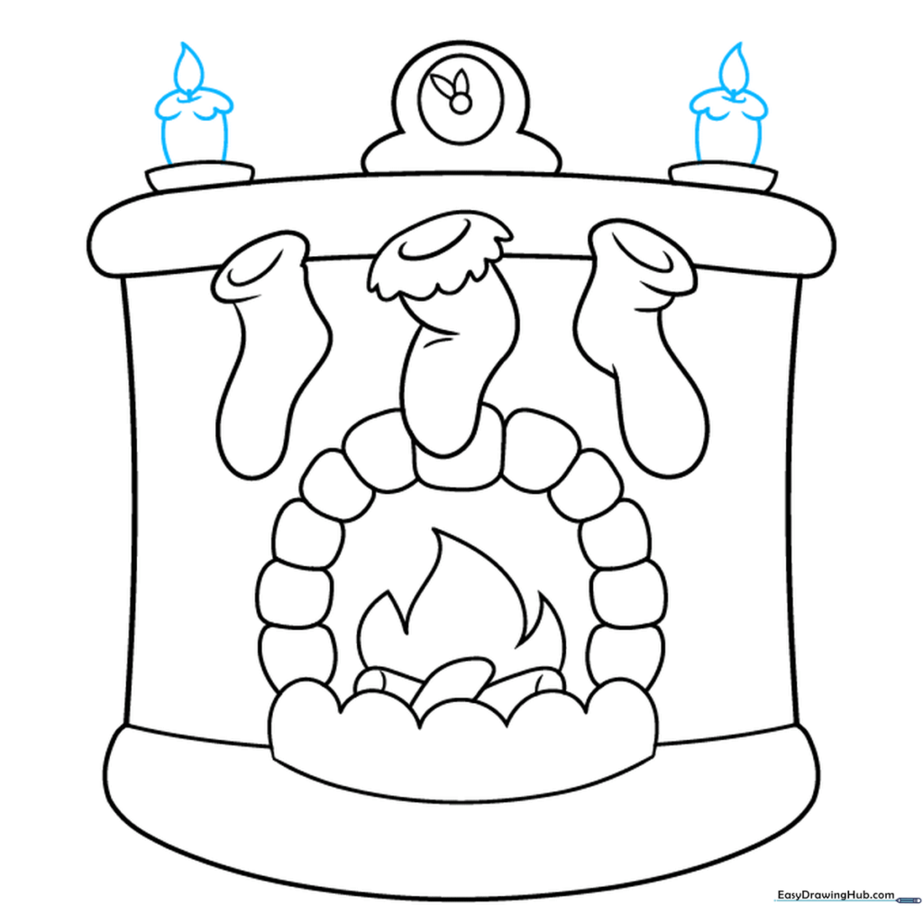 Adding melting wax details and flames to the candles on the mantle.