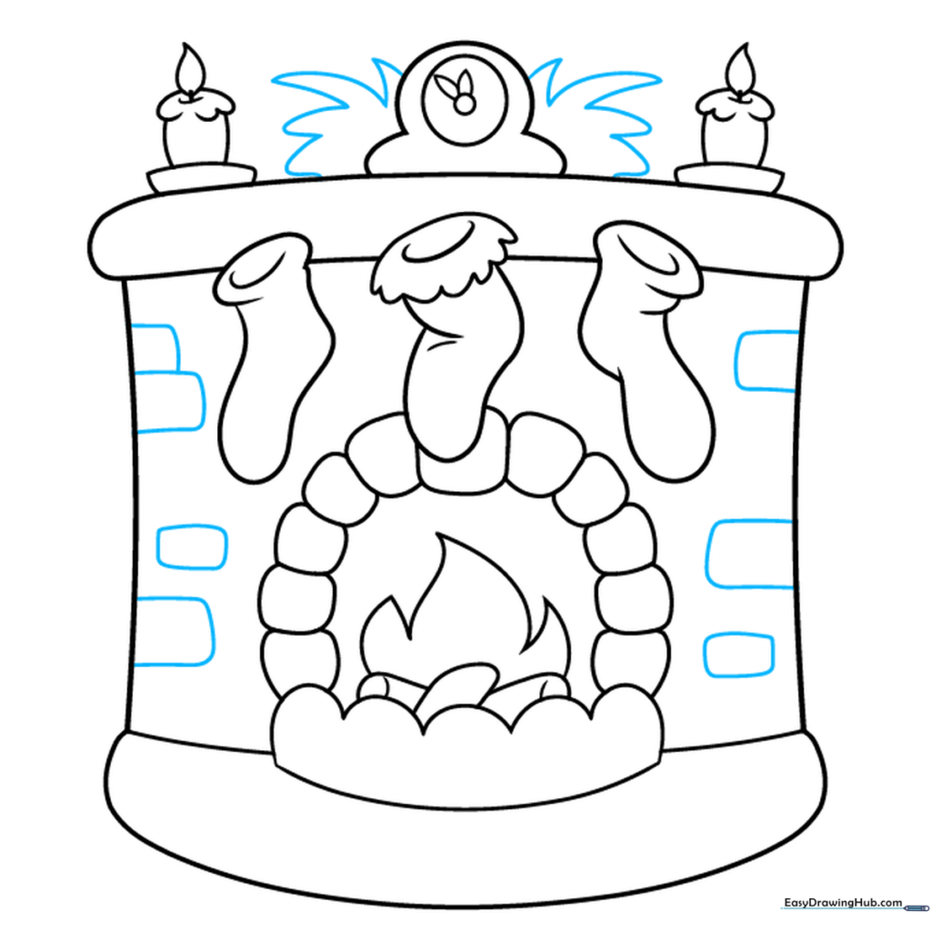 Adding brick textures and holiday greenery to the fireplace drawing.