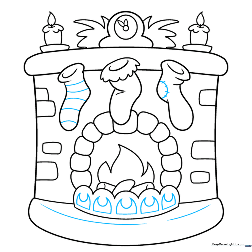 Finalizing the drawing with stocking patterns and hearth details.