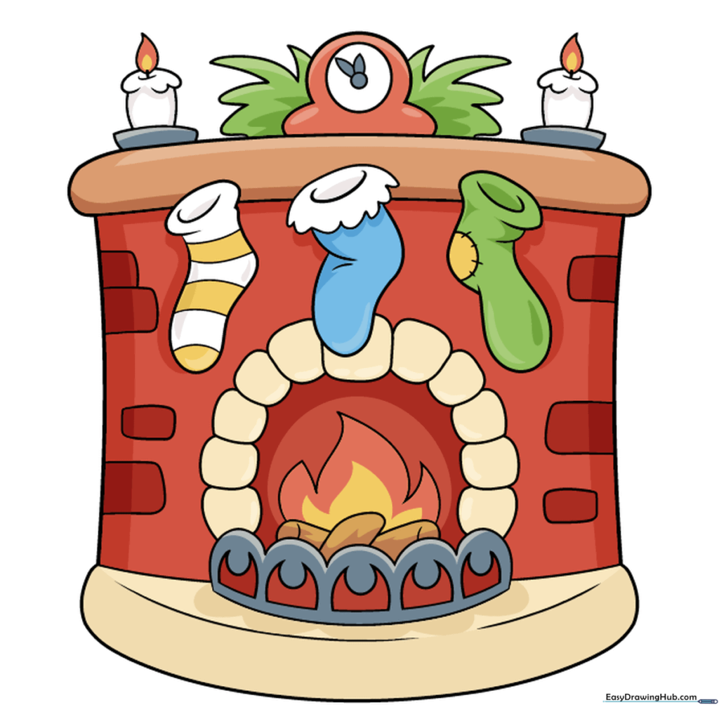 A fully colored and completed drawing of a fireplace with Christmas stockings.