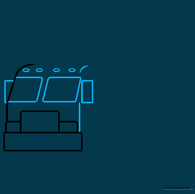 Drawing the windshield and side mirrors on the firetruck cab.