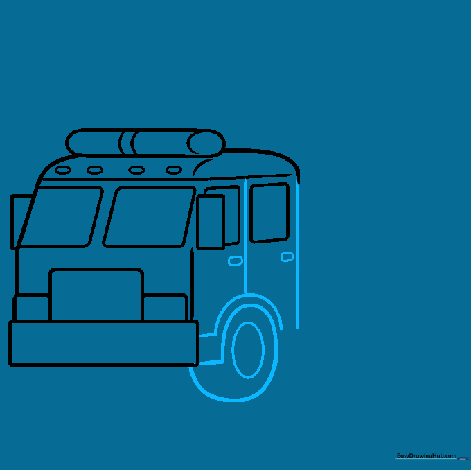 Sketching the wheel fender, tire, and door handle on the firetruck body.