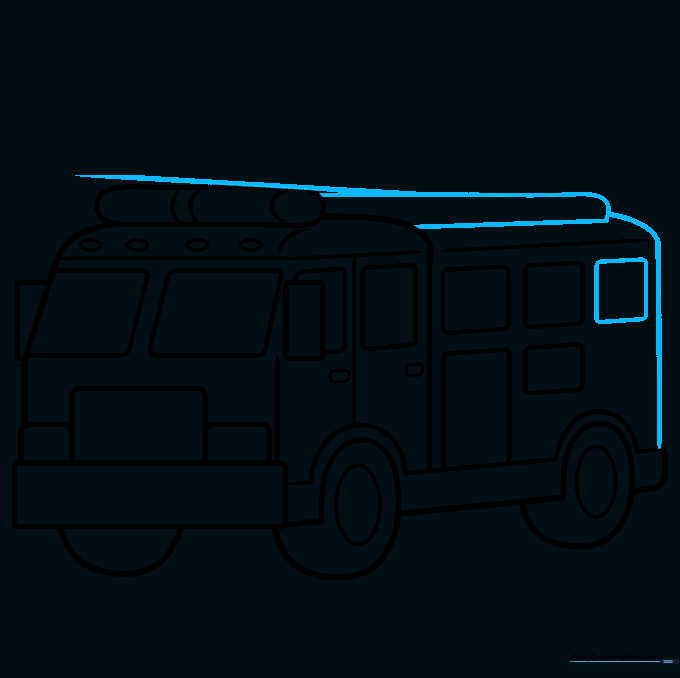Drawing the base of the ladder on top of the firetruck.