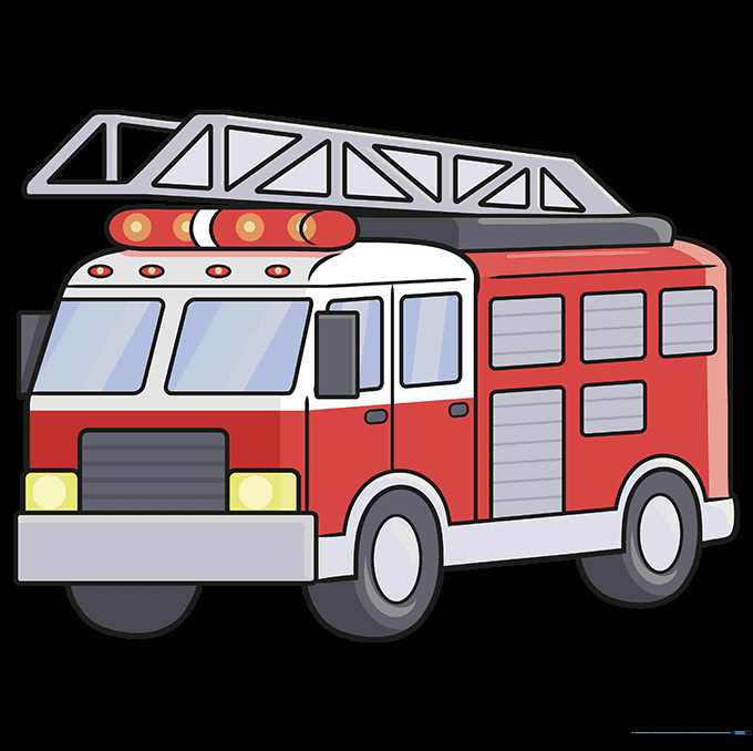 A fully colored cartoon firetruck with red body and detailed ladder.