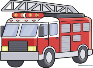 A vibrant, finished drawing of a cartoon firetruck ready for emergency duty.