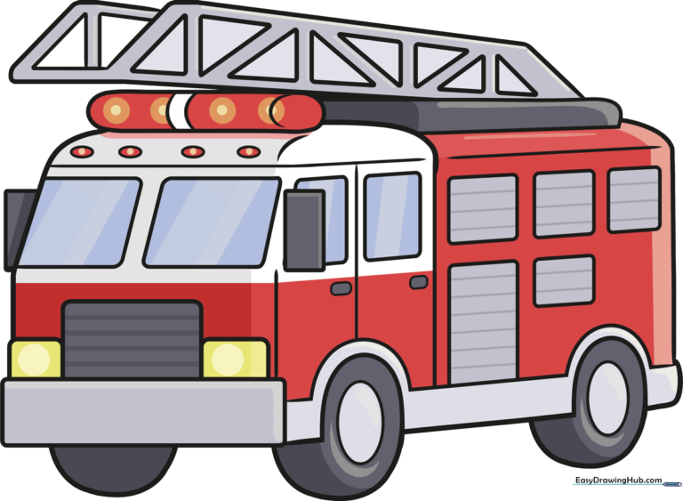 A vibrant, finished drawing of a cartoon firetruck ready for emergency duty.