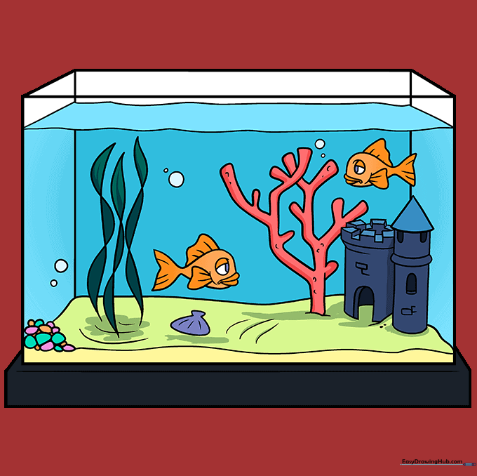 The completed, colored fish tank drawing with vibrant orange fish and blue water.