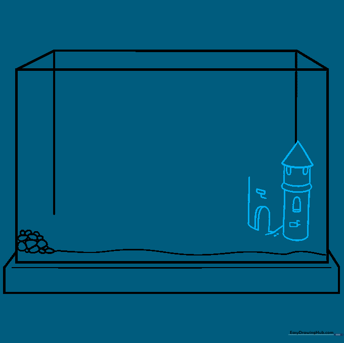 A decorative castle with a turret and brick texture added inside the aquarium sketch.