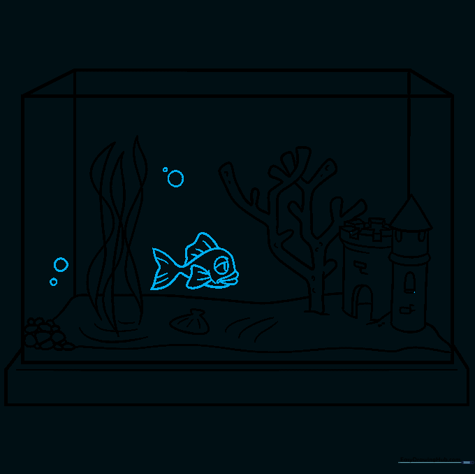 A cute goldfish swimming in the tank with bubbles rising above it.