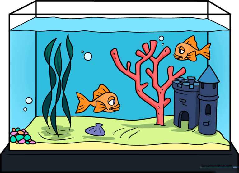A colorful, finished illustration of a fish tank featuring two goldfish, a castle, and coral.