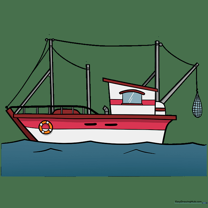 The completed fishing boat drawing colored in red, white, and orange.