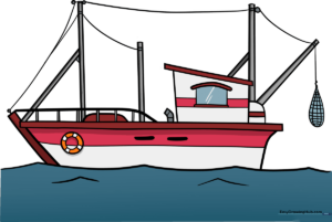 A colorful, finished illustration of a fishing boat on the ocean, ready for a drawing lesson.