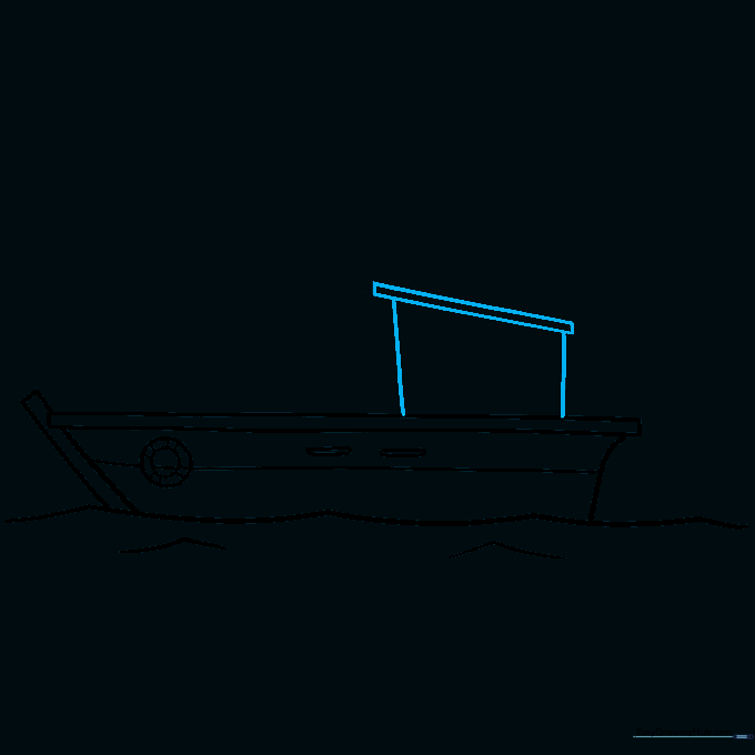 Sketching the cabin structure on top of the boat deck using geometric rectangles.