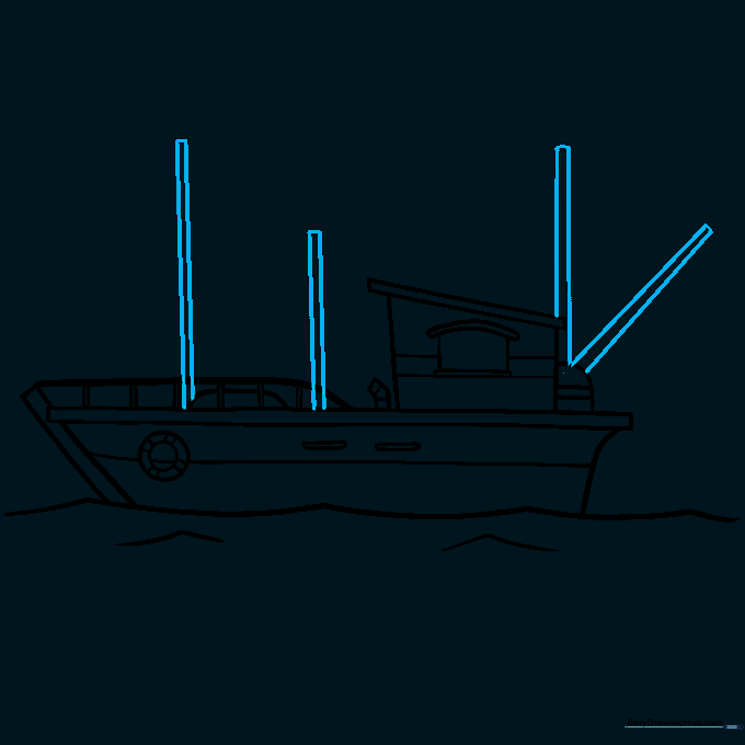 Adding the fishing net support poles, known as outriggers, to the boat deck.