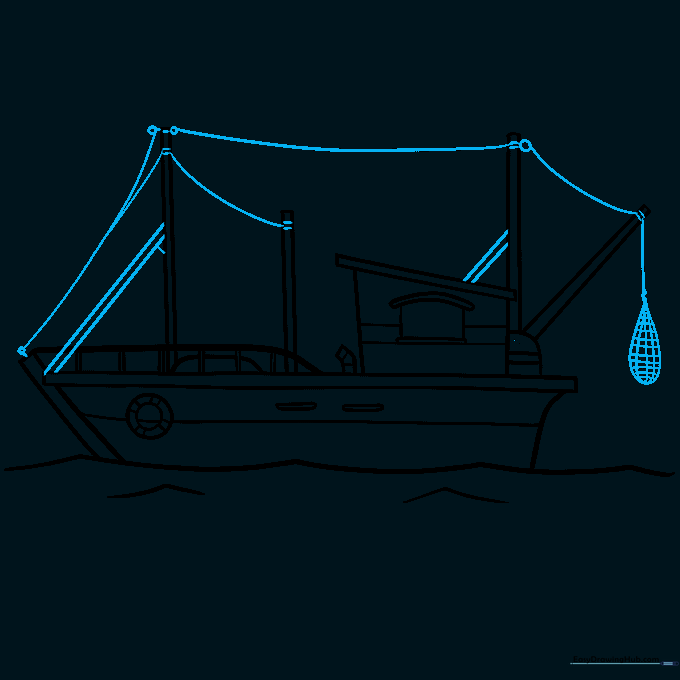 Final line art of the fishing boat with nets and support rigging completed.