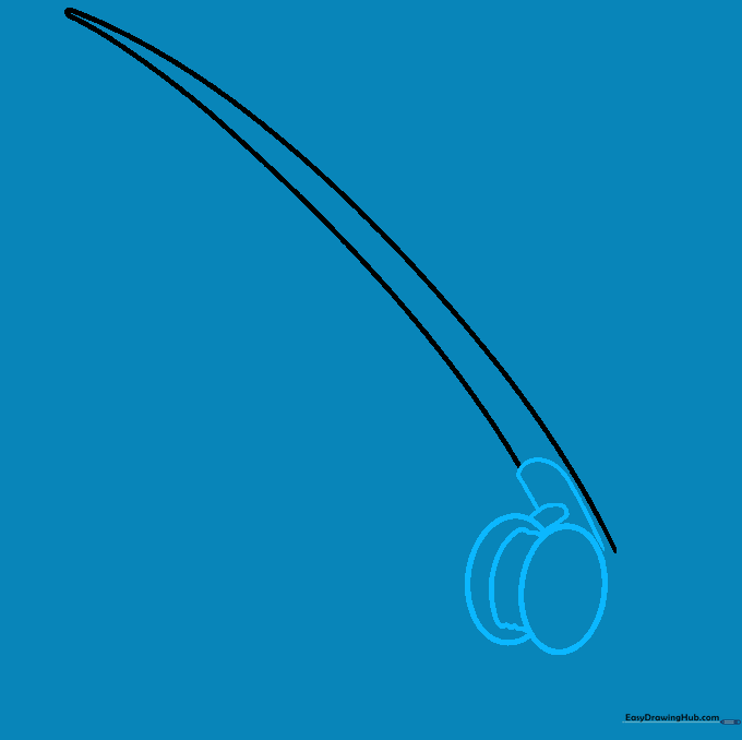 Pencil sketch showing the addition of two overlapping ovals attached to the rod to represent the fishing reel.