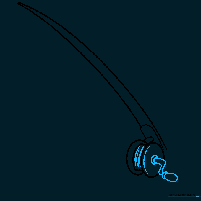 Detailed sketch of the fishing reel with a handle and internal mechanical lines added.