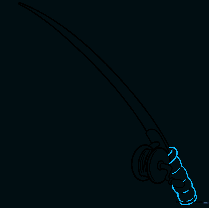 Sketch showing the addition of a textured, scalloped grip at the bottom of the fishing rod.