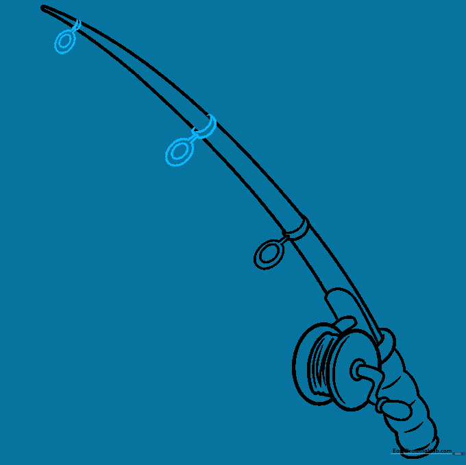 Sketch showing two additional, smaller rod guides placed further up the fishing pole.