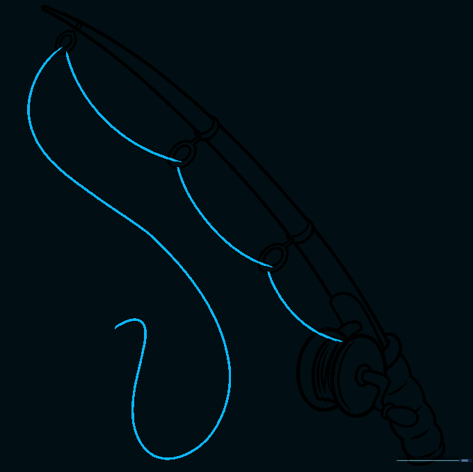 Sketch showing the fishing line connecting the guides and extending out from the tip of the rod.
