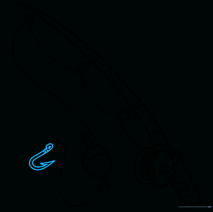 Detailed sketch of a fishing hook with a barb at the end of the fishing line.