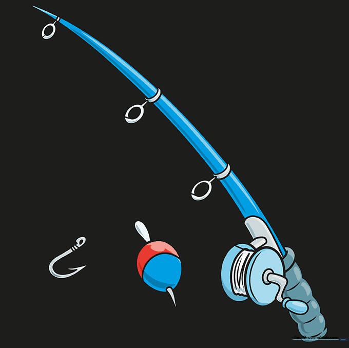 A fully colored, finished drawing of a fishing pole with a red and white bobber.