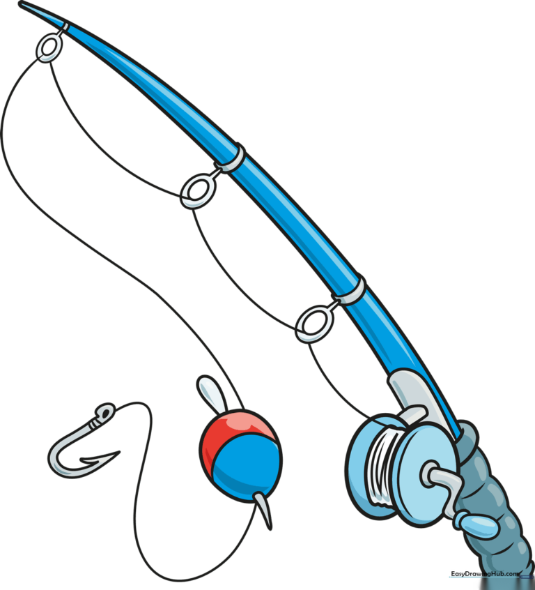Colorful, finished illustration of a fishing pole, perfect for kids' art projects.