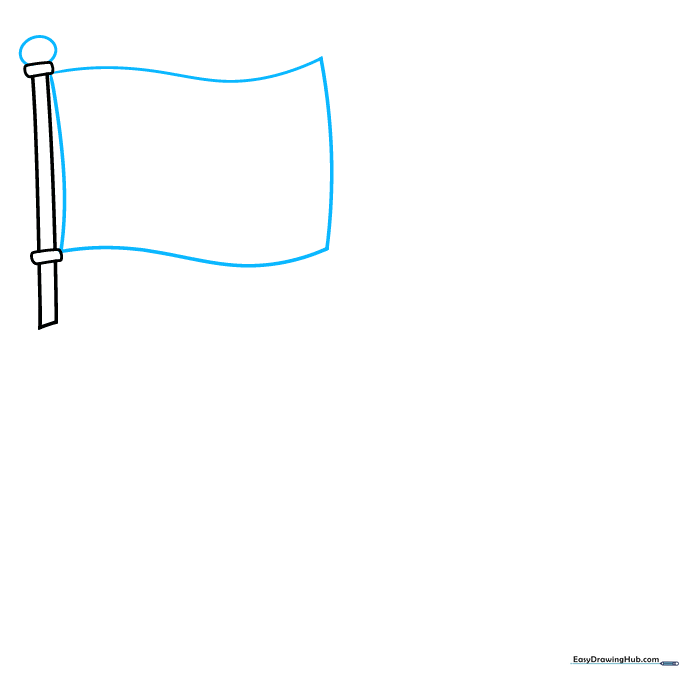 A flagpole with a circular finial and a single waving flag attached.