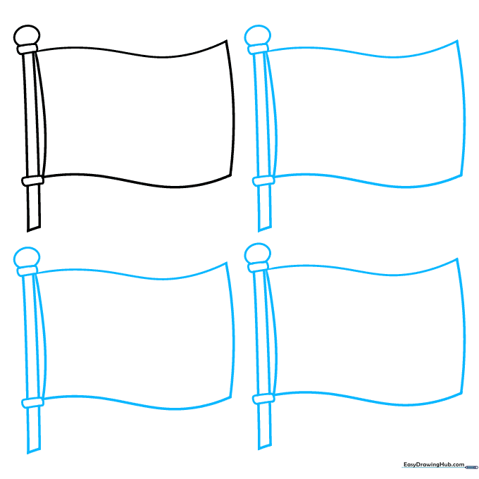 Four identical flagpoles with waving flags standing in a row.