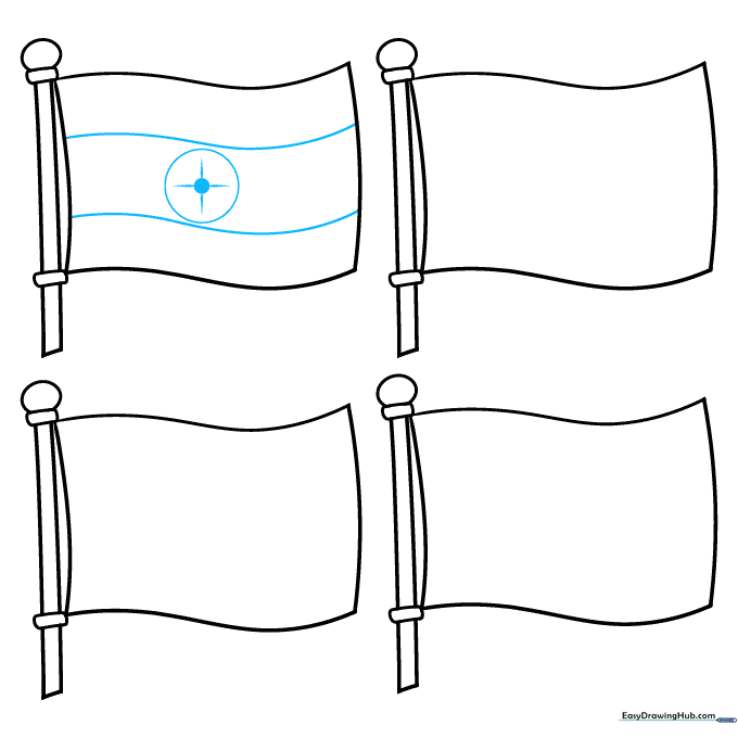 The first flag in the row now features horizontal stripes and a central circle.