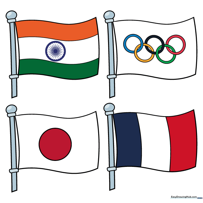 The completed, fully colored set of four international flags.