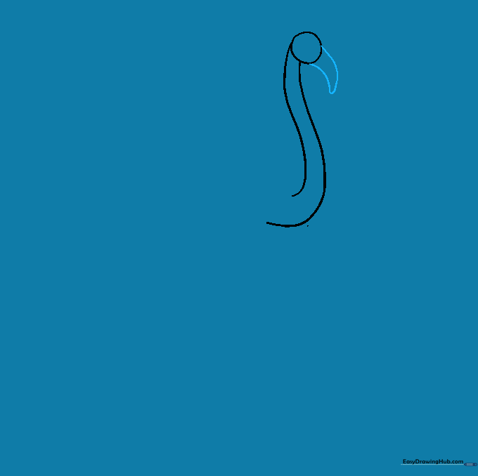Drawing the characteristic downward-curving hooked beak of a flamingo.
