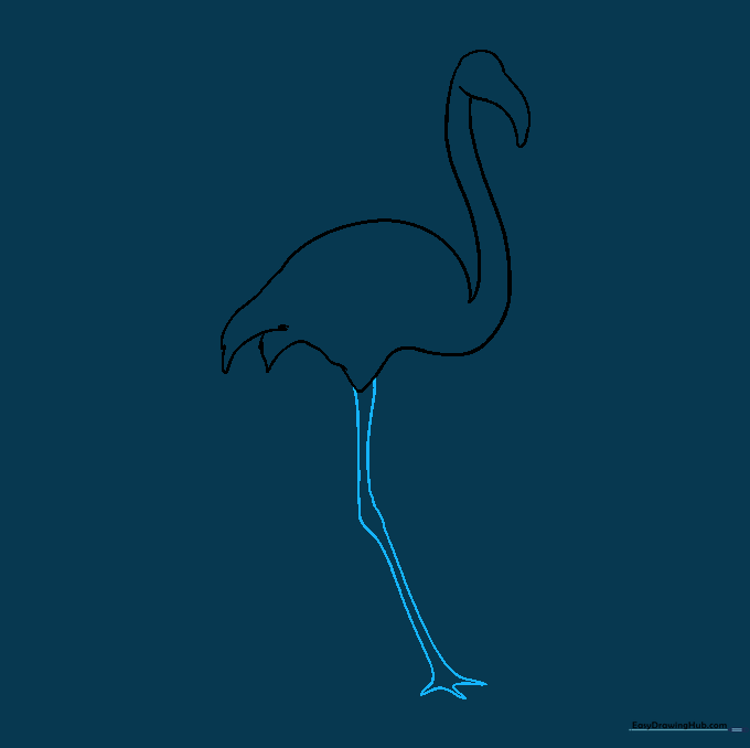 Sketching the long, thin leg of the flamingo with a distinct knee and webbed-style toes.