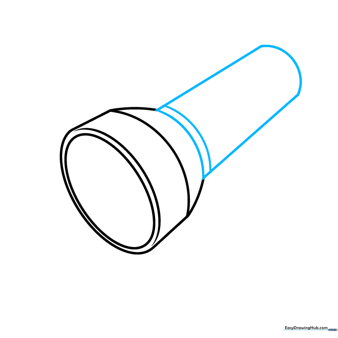 Sketching the long cylindrical body of the flashlight.