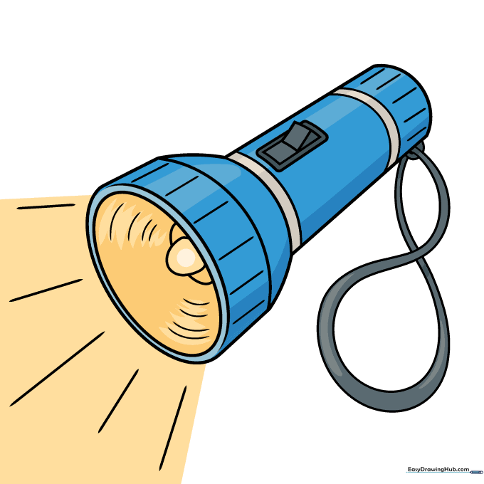 The finished, colored flashlight drawing with a yellow light beam.