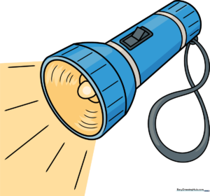 A colorful, finished drawing of a flashlight shining a bright beam.