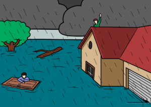 A completed, colored drawing of a house in a flood scene.