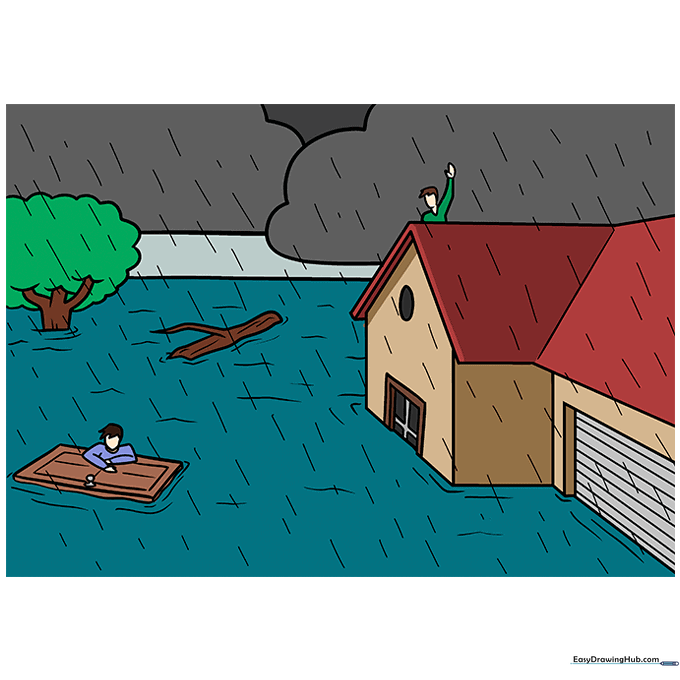 A fully colored flood scene with gray clouds and muddy water.