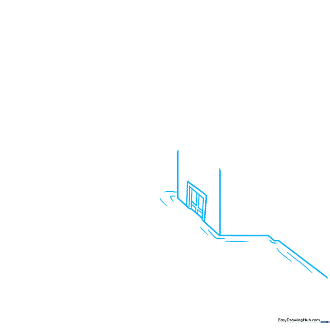 Pencil sketch of a house foundation with a waterline marked by diagonal lines.