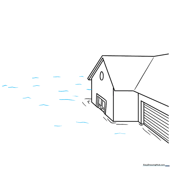 Adding wavy lines around the base of the house to show water ripples.