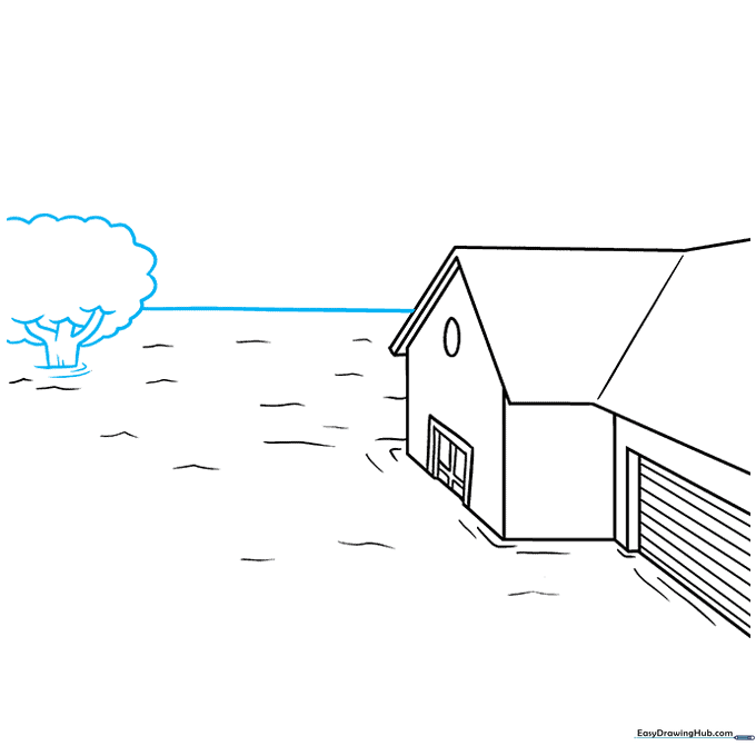 Sketching a tree in the background and a horizon line.