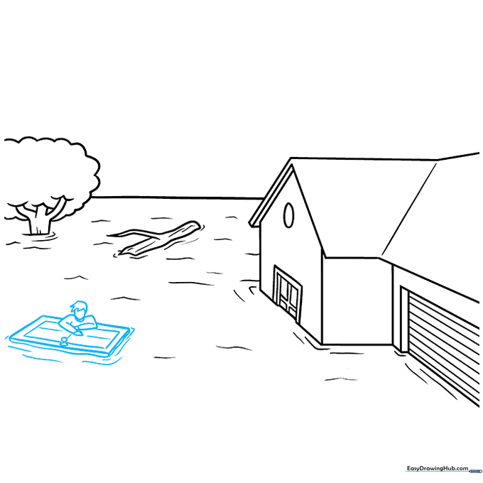 Drawing a person holding onto a floating door in the water.