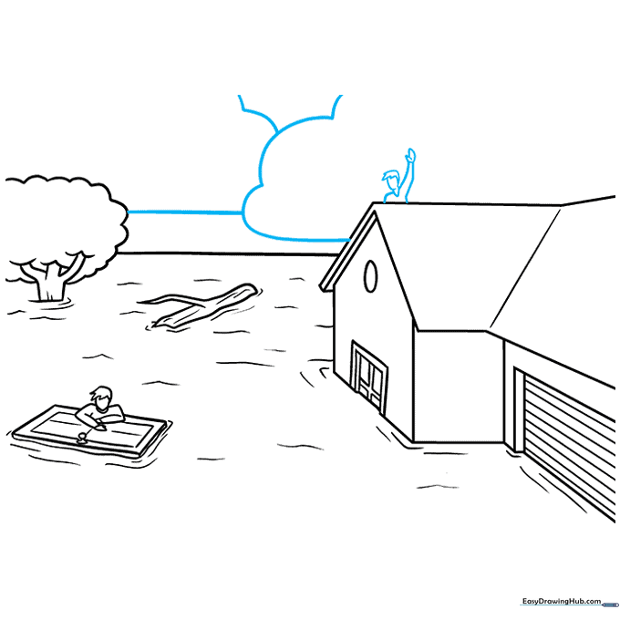 Adding a person on the roof and fluffy clouds in the sky.