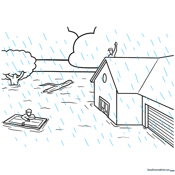 Adding diagonal rain streaks across the finished drawing.