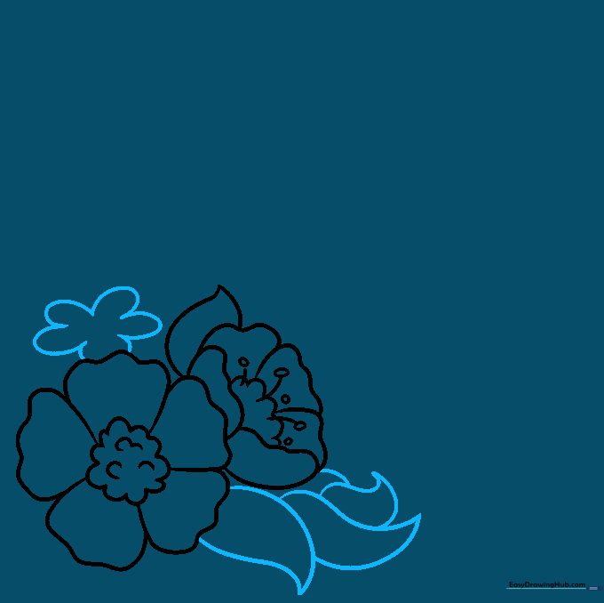 Drawing showing a cluster of three flowers and multiple leaves forming a garden scene.